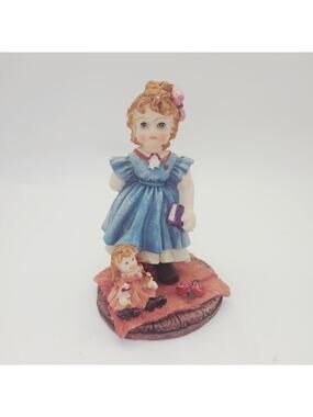 Hand Painted Resin Girl with Book & Doll Figurine Blue Dress Cute Vintage Decor